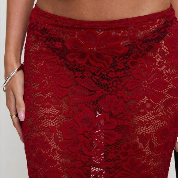 Princess Polly Lombardio Mesh Lace Maxi Skirt Burgundy - Picture 4 of 7
